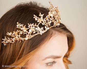Tiara Diadem Krone Hochzeit Kranz Haarschmuck Haarreif Braut Strass Blumen 