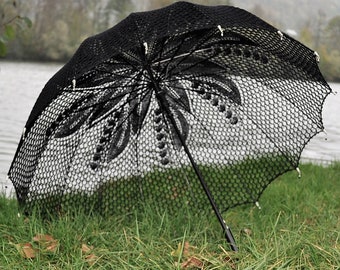 Regenschirm  Steampunk schwarz Hochzeitsschirm Automatik Hochzeit Gothic Luna 