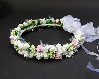 LadyMYP© Haarkranz/Kopfschmuck mit Bänder und vielen Blüten Perlen Kommunion 