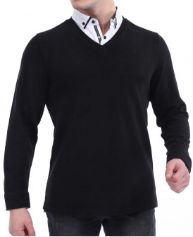 Ugholin Pull Chemise Homme Col V 2 en 1 Noir/Blanc Manches Longues 