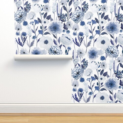 Peel-and-Stick Removable Wallpaper Watercolor Blue Garden Flower Floral Abstract 