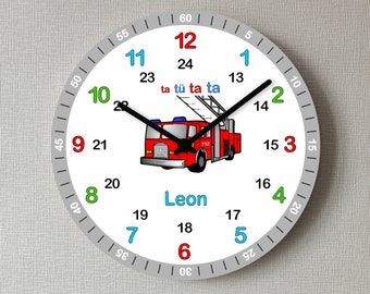 Kinder Wanduhr Kinderzimmer Kinderuhr mit Namen leise lautlos Feuerwehr 