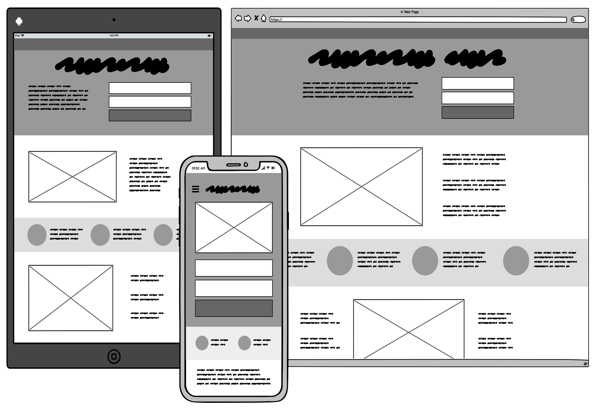 Three rough wireframes of the same content as it may appear on a mobile phone, a tablet, and a computer What Website Application Wireframes Entails In Wireframing