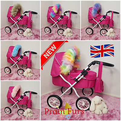 Dolls Girls Pram Faux Fur hood trim Play Doll Furs pink white grey silver cross 