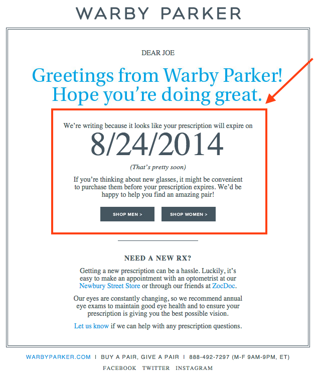 Warby Parker Personalized Email Message Warby Parker Personalized Email Message