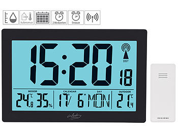 PEARL Funk-Wanduhr mit Jumbo-Uhrzeit & Datums-Anzeige Temperatur schwarz 