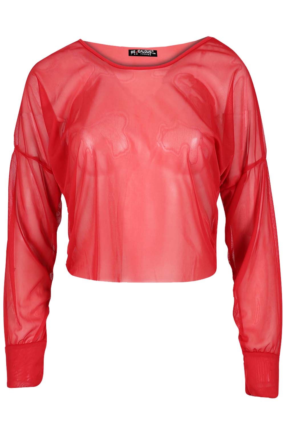 Womens Ladies Full Mesh Net Oversized All Over See Through Long Sleeve Crop Tops 