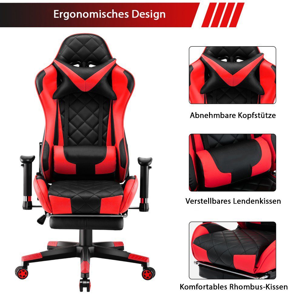 360° Drehstuhl Racing Gaming Sportsitz Chefsessel Bürostuhl Grau mit Fußstütze 