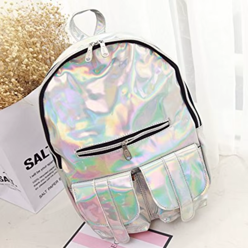 Herren Damen holographisch Kordelzugbeutel Silber Leder Sporttasche Hologramm 