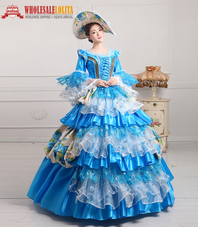 18th Marie Antoinette Day Court Gown Dress Rococo medieval flower print dress 