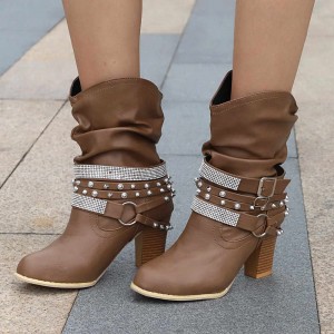 Womens Buckle Slouch Mid-Calf Boots Ladies Block Mid Heel Boots Shoes Booties 