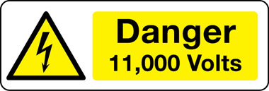 DANGER 11000 VOLTS Sign Sticker Vinyl Health and safety 300mm x 100mm 