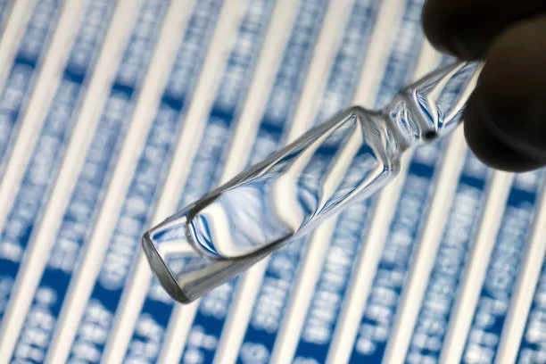 peptide medicine in the glass vial with peptide sequence background